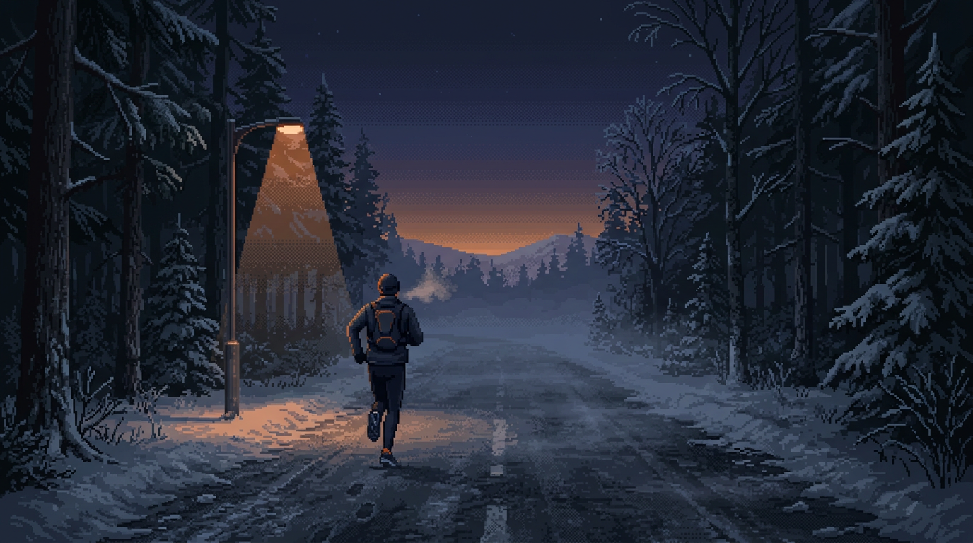 Generated illustration of a runner on a dark, frost-covered trail before dawn